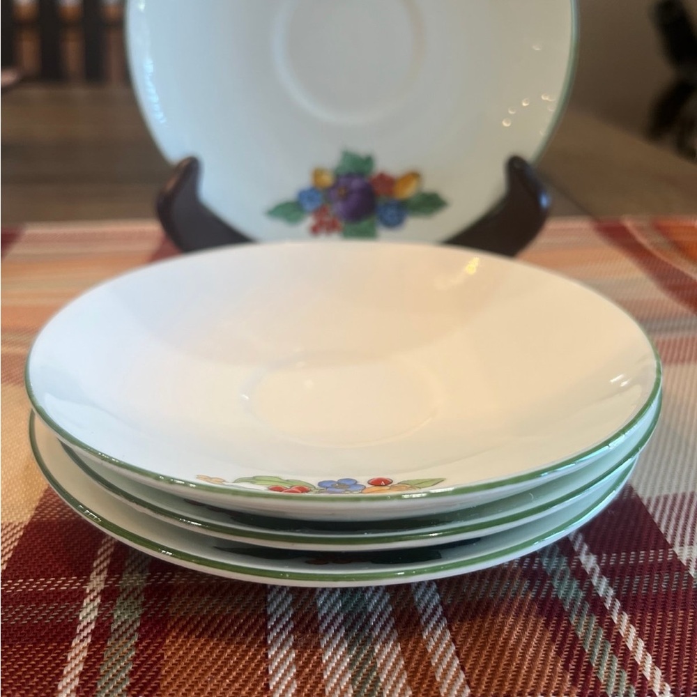 FOUR Crown Staffordshire Made in England 5 1/2 Inch Saucers Fruit Raised Berries